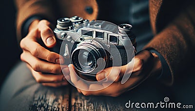 Hands holding a vintage camera Stock Photo