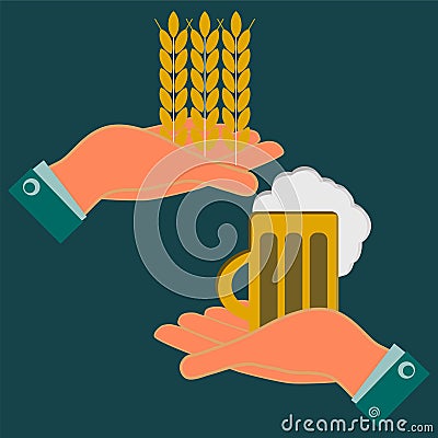 Hands holding wheat ears and a mug of beer. Vector Illustration