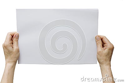 Hands holding a white sheet of paper Stock Photo