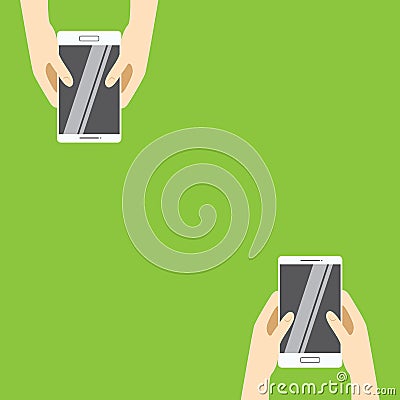 Hands holding white smartphones on a green background. Vector illustration in flat design. Cartoon Illustration