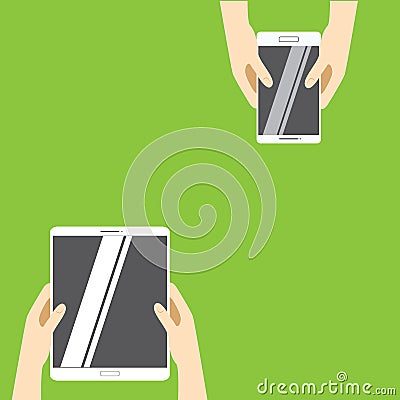 Hands holding white tablet computer and white smartphone on a green background. Vector illustration in flat design. Vector Illustration