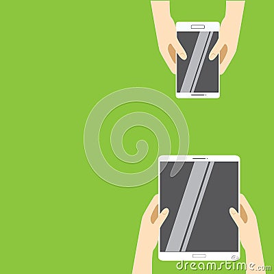 Hands holding white tablet computer and white smartphone on a green background. Cartoon Illustration