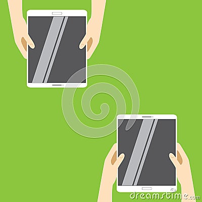 Hands holding white tablet computers on a green background. Vector illustration in flat design. Cartoon Illustration