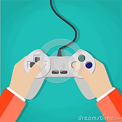 Hands holding wired old school gamepad. Vector Illustration