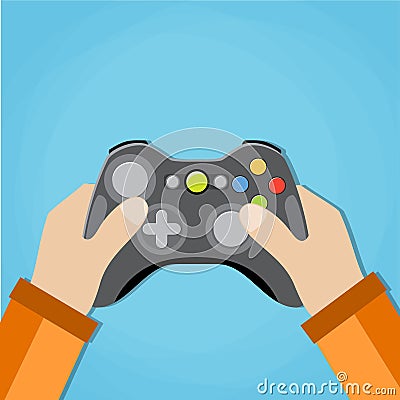 Hands holding wired old school gamepad. Vector Illustration