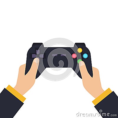 Hands holding wireless gamepad. vector illustration in flat design on blue background Vector Illustration