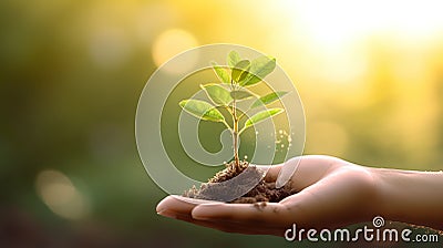 Hands holding young plant in sunshine and green background at sunset. Environment conservation, reforestation, climate change Cartoon Illustration