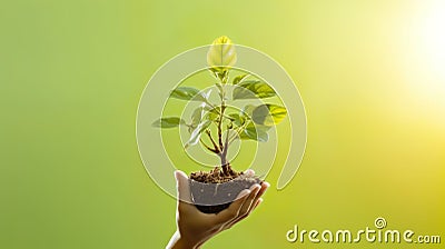 Hands holding young plant in sunshine and green background at sunset. Environment conservation, reforestation, climate change Cartoon Illustration