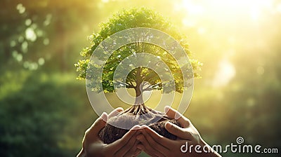 Hands holding young plant in sunshine and green background at sunset. Environment conservation, reforestation, climate change Stock Photo