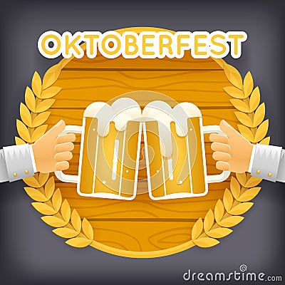 Hands Holds Mug of Beer with Foam Autumn Oktoberfest Celebration Success Prosperity Symbol Icon Wood Background Greeting Vector Illustration