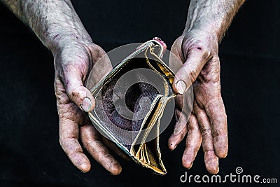 hands homeless poor man with empty wallet in modern capitalism society Stock Photo