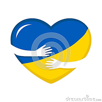 Hands hug heart shape Ukrainian flag Vector Illustration
