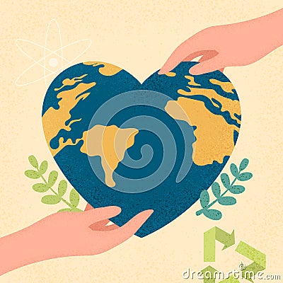 Hands human holding earth planet with heart shape. Vector Illustration