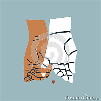 The hands of a human and a robot hold each other with their little fingers. Isolated flat fully editable illustration on Vector Illustration