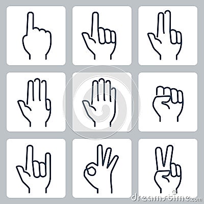 Hands icons: finger counting, stop gesture, fist, devil horns gesture, okay gesture, v sign Vector Illustration