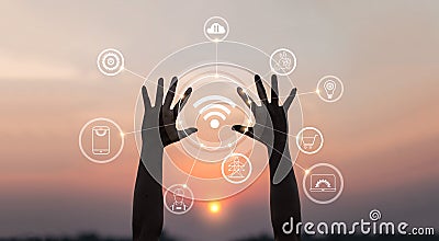 Hands with innovative icon and development of telecommunication. Stock Photo