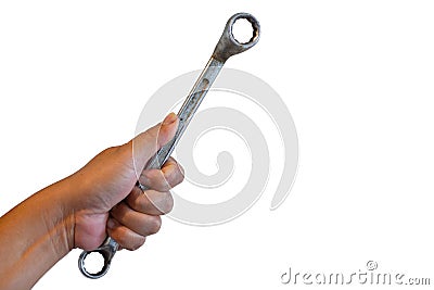 The hand of inspector repair the engine holding ring wrench, isolated white background, copy space Stock Photo