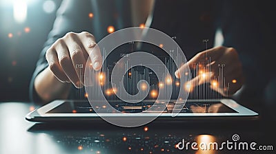 Hands interacting with holographic data on tablet displaying digital analytics Stock Photo