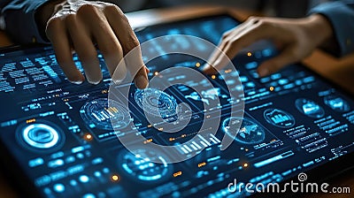 Hands interacting with interactive dashboard, modern workplace, data visualization in background Stock Photo