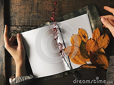 Hands keep notebook with white clean sheets on the wood table. Autumn leaves, warm colors, vintage texture. Copyspace background Stock Photo