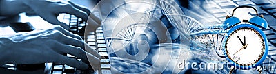 Hands on the keys of a computer keyboard, which merges with the abstract image of stylized DNA figures Stock Photo