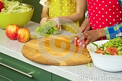 Hands of kid cutting tomato. Stock Photo