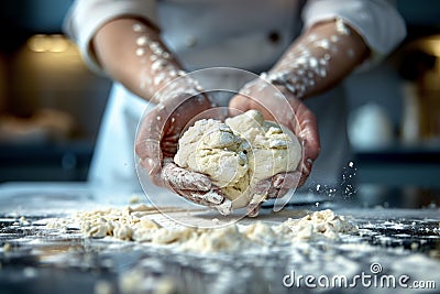Hands kneading dough, rolling pin for dough, bakery and bakehouse Stock Photo