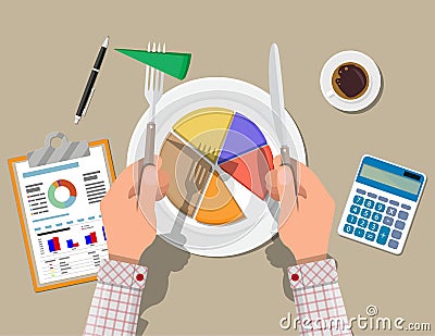 Hands with knife and fork cut chart pie peace Vector Illustration