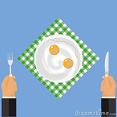 Hands with a knife and fork near a plate of fried eggs. Cartoon Illustration