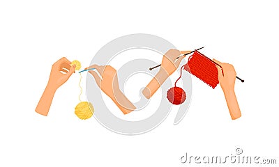 Hands Knitting with Needle and Yarn as Handmade Craft Vector Set Vector Illustration