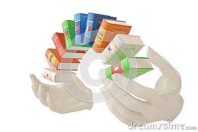 Hands and language books on white background.3D illustration Cartoon Illustration