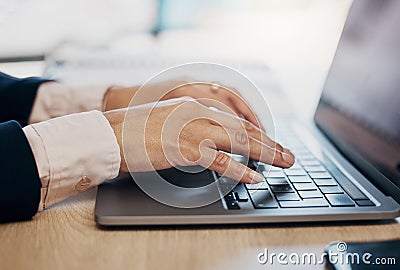 Hands, laptop and typing for business woman, communication and email notification in office. Entrepreneur, employee and Stock Photo