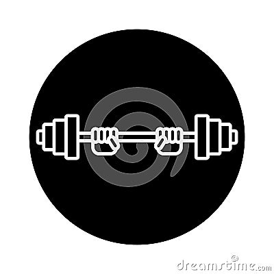 Hands lifted barbell weight. Round icon. Black white silhouette. Isolated vector illustration. Vector Illustration