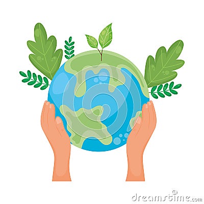 hands lifting earth with leafs Vector Illustration