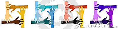 Hands logo. Colorful four hands icon set. Volunteer emblem. Vector Illustration. Vector Illustration