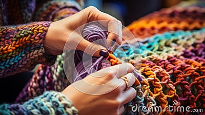 Hands loom knitting a colorful infinity scarf Stock Photo