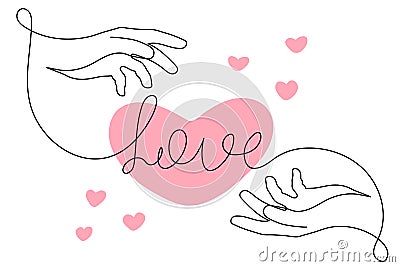 Hands with love word one-line art, continuous drawing contour,hand-drawn romantic design.Bridal, nuptials, Vector Illustration