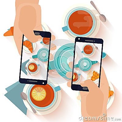 Hands making a smartphone photo of breakfast Vector Illustration