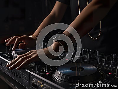 Hands of male dj playing music on modern midi controller turntable digital device for mixing music on events. Cartoon Illustration