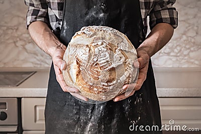 Hands of man holding big loaf of white bread. Male in black apron in home kitchen background with wheat bread Stock Photo