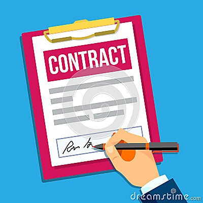 Hands Of Man Signing A Contract Top View Vector. Isolated Illustration Vector Illustration