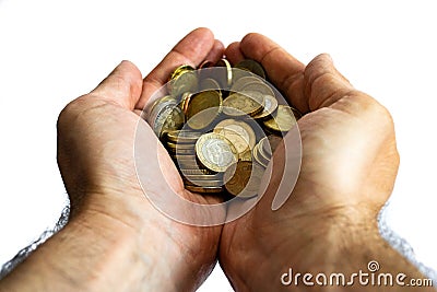 Hands of man up close holding isolated euro coins Stock Photo