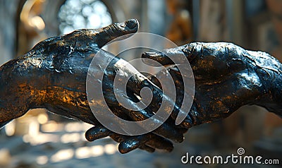 Hands of a man and a woman in front of the cathedral. Stock Photo