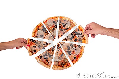 Hands of a man and a woman take slices of pizza with ham, mozzarella, mushrooms and olives, top view, isolated on white Stock Photo