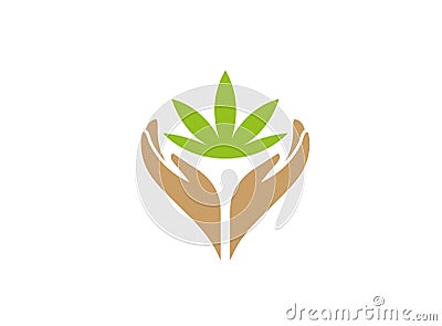 Hands and marijuana leaves with plant care for logo design Cartoon Illustration