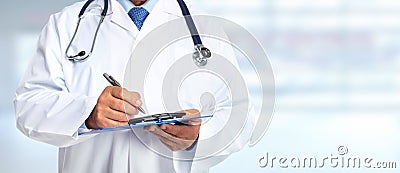 Hands of medical doctor with clipboard. Stock Photo