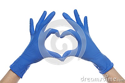 Hands in medical gloves making heart isolated on white background Stock Photo
