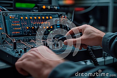 Hands meticulously adjusting sound levels on a mixing console in a vibrant studio. Generative AI Stock Photo