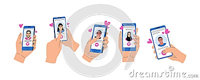 Hands with mobile dating app. Online dating application for mobile phone with swipe interface, men and women hands using Vector Illustration