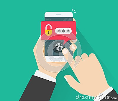 Hands with mobile phone unlocked with fingerprint button and password notification vector Vector Illustration